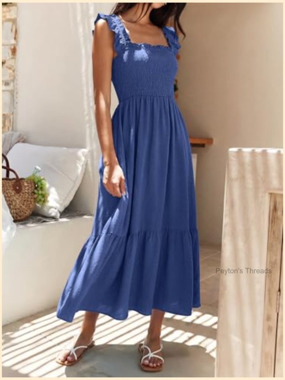 Womens Summer Casual Maxi Dress Ruffle Spaghetti Strap Smocked Long Dress - Picture 4 of 7